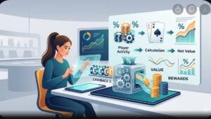 Иллюстрация с расчетами кэшбэка и покерными фишками для статьи о выгоде бонусных предложений